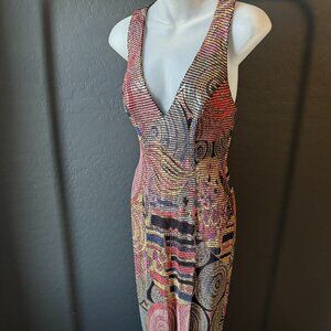 Vintage Cache/Janine Mosaic Metallic Criss Cross Open Back Slit Maxi Dress